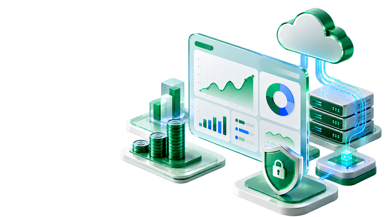 Financial dashboard, secure cloud infrastructure and data protection illustration